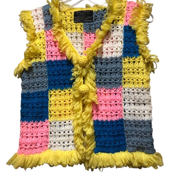 Vintage Jackets & Blazers - Vintage Handmade Crochet Granny Vest Yellow, Blue, Pink,Gray,White 16”X20”Large